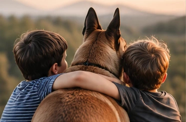 Two children beside a horse outdoors